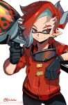  1boy black_gloves black_hair closed_mouth colored_tips commentary_request earrings eyebrow_cut gloves goggles goggles_around_neck gun highres holding holding_gun holding_weapon inkling inkling_boy inkling_player_character jacket jewelry jinkoika male_focus medium_hair multicolored_hair range_blaster_(splatoon) red_eyes red_jacket redhead simple_background smile solo splatoon_(series) splatoon_3 tentacle_hair thick_eyebrows two-tone_hair weapon white_background 