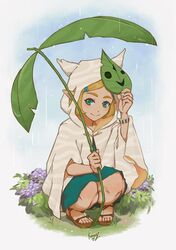  1girl animal_ear_hood commentary dress full_body green_dress highres holding holding_mask holding_umbrella hood knees kumanz leaf_umbrella looking_at_viewer mask pointy_ears princess_zelda sandals signature solo squatting the_legend_of_zelda the_legend_of_zelda:_tears_of_the_kingdom two-tone_dress umbrella white_dress yellow_raincoat 