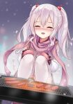  1girl ^_^ blurry blurry_background blush closed_eyes commentary_request depth_of_field dot_nose facing_viewer flat_chest grill hair_between_eyes happy_tears highres long_hair long_sleeves milkshakework mittens open_mouth original pink_scarf scarf sidelocks sitting skirt snow snowing solo tears thigh-highs thighs twintails white_hair winter winter_clothes 