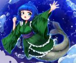  1girl blue_eyes blunt_bangs bubble commentary drill_hair drill_sidelocks fins frilled_kimono frills full_body green_kimono hashtag-only_commentary head_fins japanese_clothes kimono long_sleeves looking_at_viewer mermaid monster_girl open_mouth sash sayoshima sidelocks solo touhou triangle_mouth wakasagihime wide_sleeves 