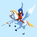  1girl armor blonde_hair blue_hair boots caeda_(fire_emblem) fire_emblem fire_emblem:_mystery_of_the_emblem full_body gloves hair_between_eyes highres holding holding_weapon long_hair nintendo pants pegasus pixel_art pixelflag polearm red_footwear red_gloves shoulder_armor smile weapon 