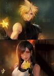  1boy 1girl absurdres arialla_draws armor bare_shoulders black_gloves black_hair blonde_hair blue_eyes blurry blurry_background breasts cloud_strife couple earrings english_commentary final_fantasy final_fantasy_vii final_fantasy_vii_remake fingerless_gloves flower gloves highres holding holding_flower jewelry large_breasts light_blush long_hair looking_at_viewer night night_sky parted_lips pov red_eyes red_lips revision short_hair shoulder_armor signature single_bare_shoulder single_earring sky sleeveless sleeveless_turtleneck smile spiky_hair suspenders sweater swept_bangs tank_top teardrop_earrings tifa_lockhart turtleneck turtleneck_sweater upper_body white_tank_top yellow_flower 