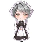  1girl anzu_1026 apron black_dress black_footwear blunt_bangs braid chibi dress frilled_dress frills grey_hair hat maid_apron mob_cap nana-chan_(wactor_production) official_art own_hands_together short_hair simple_background smile solo wactor_production white_apron white_background white_mob_cap yellow_eyes 