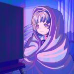  1girl blanket brown_eyes brown_hair closed_mouth crying crying_with_eyes_open highres indoors kagenoyuhi original sitting solo tears television watching_television wavy_mouth 