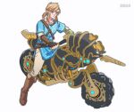  1boy belt blonde_hair blue_eyes blue_tunic boots brown_belt brown_footwear brown_gloves brown_pants champion&#039;s_tunic_(zelda) closed_mouth commentary_request earrings fingerless_gloves full_body gloves jewelry link master_cycle motor_vehicle motorcycle on_motorcycle oshinomiya pants pointy_ears short_hair short_ponytail shoulder_belt sidelocks simple_background solo the_legend_of_zelda the_legend_of_zelda:_breath_of_the_wild white_background 