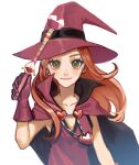 1girl chocolat_meilleure commentary_request dress gkdus0201 gloves green_eyes hat heart_pendant highres holding holding_wand jewelry long_hair looking_at_viewer orange_hair pendant pink_dress pink_gloves pink_hat simple_background solo sugar_sugar_rune wand white_background witch_hat 