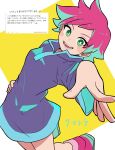  1girl blue_eyes character_name dress green_eyes haru-cho highres hood hooded_dress hoodie kumatora looking_at_viewer mother_(game) mother_3 open_mouth pink_footwear pink_hair short_hair simple_background smile solo translation_request 