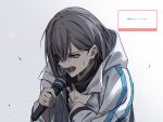  1girl bang_dream! bang_dream!_it&#039;s_mygo!!!!! black_shirt clutching_chest commentary_request crying crying_with_eyes_open grey_background grey_hair hair_behind_ear hair_between_eyes highres holding holding_microphone hood hooded_jacket jacket long_sleeves marshmallow_(site) microphone music open_clothes open_jacket open_mouth request_inset shirt short_hair singing solo sou_(kanade_3344) takamatsu_tomori tears teeth translation_request upper_body violet_eyes white_jacket 
