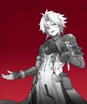  1boy absurdres armor belt birkai earrings hair_between_eyes highres jewelry male_focus monochrome open_mouth red_background red_eyes scar scar_(wuthering_waves) scar_on_face short_hair shoulder_armor smile solo spot_color suit teeth upper_teeth_only white_hair wuthering_waves 