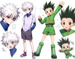  ... 2boys absurdres arm_up aruminsuko black_hair black_shorts blue_eyes boots brown_eyes character_name chibi clenched_hand closed_mouth gon_freecss green_footwear green_shorts hair_between_eyes hands_in_pockets heart highres hunter_x_hunter jacket killua_zoldyck layered_sleeves long_sleeves male_focus multiple_boys multiple_views open_mouth purple_footwear shirt shoes shorts simple_background spiky_hair spoken_ellipsis tongue tongue_out turtleneck white_background white_hair 