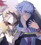  2boys arm_up assault_visor bad_id bad_lofter_id black_wristband blue_eyes blue_hair bodysuit bright_pupils bullet clenched_hand dangle_earrings dual_persona earrings expressionless grey_hair hand_up highres jacket jewelry kogami_ryoken looking_at_viewer male_focus multicolored_hair multiple_boys naoki_(2rzmcaizerails6) outstretched_arm pink_shirt redhead revolver_(yu-gi-oh!) shirt short_hair spiky_hair streaked_hair upper_body white_jacket yu-gi-oh! yu-gi-oh!_vrains 