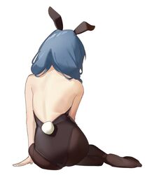  1girl animal_ears ass backless_dress backless_outfit bare_arms bare_back bare_shoulders blue_hair dress fake_animal_ears fake_tail full_body furutani_himawari hair_ornament keibi_inu leotard long_hair pantyhose playboy_bunny rabbit_ears rabbit_tail simple_background solo tail white_background yuru_yuri 