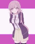  1girl bag blush breasts brown_hair chi_gu collared_shirt danganronpa_(series) danganronpa_2:_goodbye_despair flipped_hair galaga hair_ornament highres hood jacket long_sleeves looking_at_viewer medium_hair nanami_chiaki neck_ribbon open_clothes open_jacket pink_eyes pink_ribbon ribbon shirt skirt solo thigh-highs white_shirt 