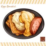  artist_logo egg_(food) eggs_benedict food food_focus food_name fried_egg highres meat no_humans original tray waffle yuki00yo 