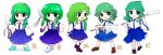  1girl absurdres bare_shoulders blue_footwear blue_skirt blush boots brown_footwear chibi clenched_hand closed_mouth collared_shirt detached_sleeves frog_hair_ornament full_body gohei green_eyes green_hair hair_between_eyes hair_ornament hand_on_own_hip hand_up hands_up highres holding holding_gohei kochiya_sanae legacy_of_lunatic_kingdom long_hair long_sleeves looking_to_the_side medium_hair mountain_of_faith one_side_up open_mouth purple_skirt rei_(tonbo0430) shadow shirt shoes short_hair simple_background single_hair_tube skirt smile snake_hair_ornament socks solo standing ten_desires touhou unconnected_marketeers undefined_fantastic_object wavy_hair white_background white_shirt white_socks wide_sleeves yellow_eyes 