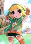  1girl :o black_eyes black_shorts blonde_hair boots brown_gloves clouds colo_(nagrolaz) day gloves green_jacket hands_up holding holding_wand hood hood_up jacket linkle medium_hair outdoors ship short_sleeves shorts the_legend_of_zelda the_legend_of_zelda:_the_wind_waker thigh_boots wand watercraft 