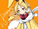 1girl animal_ears black_hairband blonde_hair bow bowtie bright_pupils commentary_request copyright_name disgaea expressionless fake_animal_ears hairband jacket looking_ahead makai_senki_disgaea_5 orange_background parted_lips prinny rabbit_earmuffs rabbit_ears red_bow red_bowtie red_eyes scarf shouki simple_background solo triangle_mouth upper_body usalia_(disgaea) white_scarf yellow_jacket 