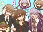  1girl 2boys ahoge anger_vein angry animal_print bird_print black_eyes black_jacket black_ribbon blazer blonde_hair blue_background blue_eyes blunt_bangs blunt_ends body_switch braid brown_hair buttons chibi clenched_hand collared_jacket collared_shirt commentary_request crescent crescent_pin danganronpa:_trigger_happy_havoc danganronpa_(series) expressionless eyelashes furrowed_brow glasses gloves green_eyes green_jacket green_ribbon hair_between_eyes hair_ribbon hand_on_another&#039;s_shoulder hand_on_own_chin hands_on_own_head hood hood_down hooded_jacket jacket kirigiri_kyoko lapel_pin lapels layered_sleeves light_blush long_hair long_sleeves looking_at_another multiple_boys naegi_makoto neck_ribbon necktie nervous_sweating notched_lapels open_clothes open_jacket open_mouth orange_necktie outstretched_hand panicking personality_switch polka_dot polka_dot_background purple_gloves purple_hair ribbon shirt short_hair sidelocks simple_background single_braid solid_circle_eyes straight_hair studded_gloves sweat teeth thinking togami_byakuya translation_request two-tone_background upper_body upper_teeth_only v-shaped_eyebrows very_long_hair violet_eyes wavy_mouth white-framed_eyewear white_background white_shirt yumaru_(marumarumaru) zipper 