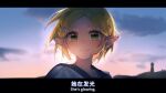 1girl absurdres blonde_hair blush braid close-up closed_mouth clouds cloudy_sky crown_braid english_text eyelashes green_eyes hair_ornament hairclip happy highres looking_at_viewer outdoors pointy_ears princess_zelda sailor_collar school_uniform serafuku short_hair sky smile solo sunset the_legend_of_zelda the_legend_of_zelda:_breath_of_the_wild yumiyumo3o 