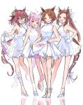  4girls :d absurdres alternate_costume animal_ears bare_shoulders brown_hair cherry_blossoms clothes_lift dress dress_lift ear_covers flower flower_in_eye gloves gold_hairband hair_between_eyes hair_flower hair_ornament hairband haru_urara_(umamusume) high_heels highres horse_ears horse_girl horse_tail kumo_(mokumoku_warabi) lifted_by_self long_hair looking_at_viewer multiple_girls parted_bangs petals pink_eyes pink_hair ponytail purple_hair sakura_bakushin_o_(umamusume) sakura_chiyono_o_(umamusume) sakura_laurel_(umamusume) sidelocks simple_background sleeveless sleeveless_dress smile swept_bangs symbol_in_eye tail tareme trait_connection tsurime umamusume victory_club_(umamusume) violet_eyes white_background white_dress white_footwear white_gloves white_hairband 