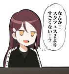  1girl barkhorn0331 black_jacket grey_shirt half_updo hashtag-only_commentary highres jacket jitome long_hair looking_at_viewer love_live! love_live!_sunshine!! open_mouth redhead sakurauchi_riko shirt single_sidelock solo speech_bubble sweatdrop translation_request upper_body white_background yellow_eyes 