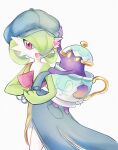  absurdres clothed_pokemon colored_skin crack dress gardevoir gardevoir_(cafe) ghost green_hair hair_over_one_eye hat heart highres krystalstar70 looking_at_viewer multicolored_skin open_mouth pink_eyes pokemon pokemon_(creature) pokemon_unite signature simple_background sinistea smile teapot two-tone_dress two-tone_skin white_skin yellow_eyes 