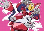  1girl animal_ears animal_hands blue_eyes breasts cat_ears cat_paws claws electric_plug_tail helmet highres humanoid_robot medarot medium_breasts no_mouth oversized_forearms oversized_limbs pepper_cat pink_background robot robot_girl solo user_mepz3838 