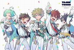  2019 5boys :d belt black_belt confetti cowboy_shot dated dot_nose ensemble_stars! epaulettes gloves grid_background half_gloves happy highres idol_clothes jacket male_focus mochi_eoh morisawa_chiaki multiple_boys nagumo_tetora pants pointing sengoku_shinobu shinkai_kanata side-by-side smile standing takamine_midori tassel thank_you white_gloves white_jacket white_pants wing_collar 