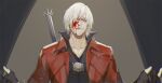  1boy blood blood_on_face blue_eyes coat cumcmn dante_(devil_may_cry) devil_may_cry_(series) devil_may_cry_4 fingerless_gloves gloves hair_over_one_eye highres looking_at_viewer male_focus red_coat simple_background smile solo white_hair 