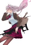  absurdres belt black_belt black_pantyhose breasts brown_jacket collared_shirt commission earphones earphones floating_hair girls_frontline grey_hair gun highres holding holding_gun holding_weapon jacket long_hair long_sleeves multicolored_hair neck_ribbon pantyhose pink_eyes pink_hair pink_ribbon pink_skirt pixiv_commission plaid plaid_skirt ribbon shirt simple_background skirt streaked_hair t-cms_(girls&#039;_frontline) teizen_(niwamaee) weapon white_background white_shirt 