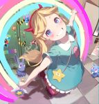  1girl aqua_dress blue_eyes blush breasts dress english_commentary facial_mark fake_horns hairband heart_cheeks highres holding holding_wand horned_headwear horns indoors locker looking_at_viewer pantyhose rabbit rainbow red_hairband seuhyo99 small_breasts smile solo star_butterfly star_vs_the_forces_of_evil star_wand stitch_(lilo_&amp;_stitch) striped_clothes striped_pantyhose symbol-shaped_pupils teeth wand 