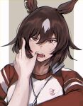  1girl animal_ears blush bojue_(hakus_1128) brown_hair ear_ornament fangs hair_between_eyes hand_in_another&#039;s_mouth highres horse_ears horse_girl jacket long_hair long_sleeves looking_at_viewer multicolored_hair open_mouth red_eyes red_jacket simple_background sirius_symboli_(umamusume) solo_focus streaked_hair sweat track_jacket umamusume upper_body very_long_hair white_background white_hair 