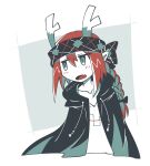  1girl absurdres antlers black_hoodie braid collarbone cross-shaped_pupils drawstring fangs headband highres hood hood_down hoodie horns hotate_oishii jitome limited_palette long_hair open_mouth original pointy_ears redhead signature skin_fangs solo symbol-shaped_pupils 