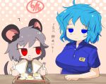  2girls ? animal_ears best_buy blue_eyes blue_hair blue_shirt blush breasts capelet closed_mouth collared_shirt commentary_request cookie_(touhou) dated dress dual_persona employee_uniform empty_eyes expressionless food fork grey_dress grey_hair holding holding_fork holding_knife knife kofji_(cookie) large_breasts lets0020 looking_at_another looking_at_viewer looking_to_the_side medium_bangs mouse_ears mouse_girl mouse_tail multiple_girls nazrin open_mouth red_eyes shirt short_hair smile tail tatara_kogasa touhou translation_request uniform upper_body white_capelet 