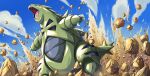  absurdres black_eyes claws clouds commentary_request day fangs fish.boy from_below highres no_humans open_mouth outdoors pokemon pokemon_(creature) rock sky solo tongue tyranitar 