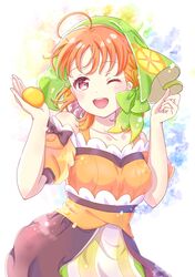  1girl ;d ahoge blue_background bow braid breasts chika_(genjitsu_no_yohane) clover_hair_ornament collarbone commentary food fruit genjitsu_no_yohane green_bow green_hat hair_bow hair_ornament hands_up hat highres holding holding_food holding_fruit iroenpitsu_xxx looking_at_viewer love_live! love_live!_sunshine!! mandarin_orange medium_breasts multicolored_background off-shoulder_shirt off_shoulder one_eye_closed open_mouth orange_hair orange_shirt puffy_short_sleeves puffy_sleeves red_eyes shirt short_sleeves side_braid skirt smile solo takami_chika teeth upper_body upper_teeth_only white_background white_skirt yellow_background 