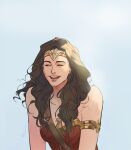 1girl ^_^ armlet armor bare_shoulders brown_hair circlet closed_eyes dc_comics huangdanlan light_blue_background long_hair open_mouth simple_background smile solo teeth upper_body upper_teeth_only wonder_woman wonder_woman_(series) 