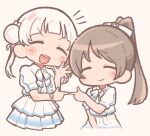 2girls :d ^_^ arashi_chisato bad_id bad_twitter_id blunt_bangs blush brown_hair character_request check_character chibi chibi_only closed_eyes closed_mouth commentary_request cropped_legs double_bun dress facing_viewer garubegaru hair_bun hand_up hazuki_ren heart heart_in_mouth highres idol_clothes inactive_account index_fingers_together long_hair love_live! love_live!_superstar!! multiple_girls neck_ribbon open_hand open_mouth pleated_dress ribbon shirt short_sleeves simple_background smile twintails white_background white_dress white_hair white_ribbon white_shirt 