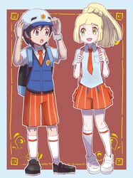  1boy 1girl black_footwear blonde_hair border collared_shirt elio_(pokemon) green_eyes high_ponytail highres lillie_(pokemon) naranja_academy_school_uniform necktie orange_necktie orange_shorts outside_border pokemon pokemon_sm pokemon_sv red_background school_uniform shirt shoes shorts socks te1nachi teeth upper_teeth_only white_border white_footwear white_shirt white_socks 