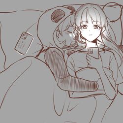  2girls animal_costume cellphone closed_eyes closed_mouth commentary from_above greyscale heanna_sumire highres holding holding_phone hug long_hair love_live! love_live!_superstar!! lying medium_hair monochrome multiple_girls night on_bed on_side pajamas panda_costume phone sleeping smartphone symbol-only_commentary tang_keke under_covers upper_body yeyep0911 yuri 