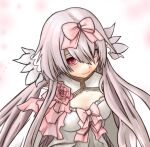  1girl arcaea bow breasts cleavage_cutout closed_mouth clothing_cutout commentary dress dress_bow english_commentary floating_hair_ornament flower from_above gradient_background hair_between_eyes hair_bow hair_ornament hair_over_one_eye highres hikari_(arcaea) hikari_(fatalis)_(arcaea) light_smile long_hair long_sleeves looking_at_viewer looking_up medium_breasts pink_background pink_bow pink_flower pink_hair pink_rose red_eyes rose smile solo star_(symbol) star_hair_ornament upper_body upturned_eyes very_long_hair white_background white_dress zoolpal 