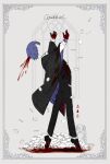  1boy arms_up black_cape black_footwear black_pants blood blood_on_hands blue_hair cape coin dancing doll highres invisible kaito_(vocaloid) kuiruri long_hair long_sleeves male_focus pants picture_frame shirt shoes solo twintails very_long_hair vocaloid white_shirt window 