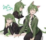  1boy animal_ears ascot black_ascot black_suit blush brown_eyes cat_ears cat_tail coat collared_shirt commentary_request elbows_on_ground eyebrow_cut eyes_visible_through_hair fang from_side green_coat green_hair green_necktie hair_between_eyes hands_on_ground hands_on_own_chin highres jacket kemonomimi_mode library_of_ruina lobotomy_corporation long_hair long_hair_between_eyes long_sleeves looking_at_viewer looking_down looking_to_the_side lying male_focus mu46016419 multiple_views necktie netzach_(project_moon) on_stomach one_eye_closed open_clothes open_coat open_collar open_mouth own_hands_together profile project_moon shirt simple_background sketch suit suit_jacket sweatdrop tail tongue translation_request undone_ascot white_background white_shirt 