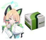  animal_ear_headphones animal_ears blonde_hair blue_archive bow bright_pupils cat_ear_headphones color_connection fake_animal_ears green_eyes hair_bow halo headphones ixy jacket long_sleeves midori_(blue_archive) object_request shirt white_pupils 