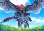  2boys armor back belt_pouch blue_eyes blue_sky chin_spike clouds dragon flying gloves grass greatsword highres holding holding_sword holding_weapon horns hunter_(armor) monster_hunter_(character) monster_hunter_(series) multiple_boys open_mouth outdoors pointy_ears pouch rathalos red_scales scales sharp_teeth sky slinger_(monster_hunter) spiked_tail spread_wings sword tail teeth touro weapon wyvern 