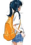  1girl backpack bag blue_hair denim denim_shorts facing_away from_behind futata highres long_hair original shirt short_shorts shorts simple_background sketch solo t-shirt twintails watch watch white_background white_shirt 