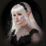  1girl absurdres black_dress black_flower black_rose closed_mouth commission daria_shilo dress elf flower grey_eyes hair_flower hair_ornament hairband highres pointy_ears portrait rose silvenia_ettertree smile solo the_wandering_inn white_hair 