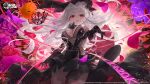  1girl architecture azur_lane backless_dress backless_outfit black_dress black_veil bridal_veil crown dress fishnet_fabric gothic_architecture highres latex latex_dress long_hair looking_at_viewer mini_crown official_art queen_elizabeth_(azur_lane) queen_elizabeth_(meta)_(azur_lane) r_o_ha red_eyes sleeveless solo strapless strapless_dress thorns veil 