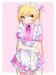  1girl :&lt; apron blonde_hair blue_eyes blush closed_mouth dress frilled_apron frills hair_between_eyes hair_ribbon highres kill_me_baby long_hair maid_headdress neck_ribbon pink_dress pink_ribbon puffy_short_sleeves puffy_sleeves ribbon short_sleeves simple_background sleeves_past_wrists solo sonya_(kill_me_baby) twintails two-tone_background very_long_hair white_apron yachima_tana 