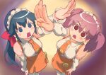  2girls @_@ azumaya_koyuki bare_shoulders blue_eyes blue_hair blush breasts collared_shirt detached_sleeves foreshortening frilled_sleeves frills hand_up highres hinata_natsumi keroro_gunsou long_hair maid maid_headdress medium_breasts mind_control multiple_girls necktie open_mouth orange_necktie orange_skirt pink_hair ponytail red_eyes shirt skirt standing thigh-highs twintails white_shirt white_sleeves white_thighhighs yamamori_kuukai 